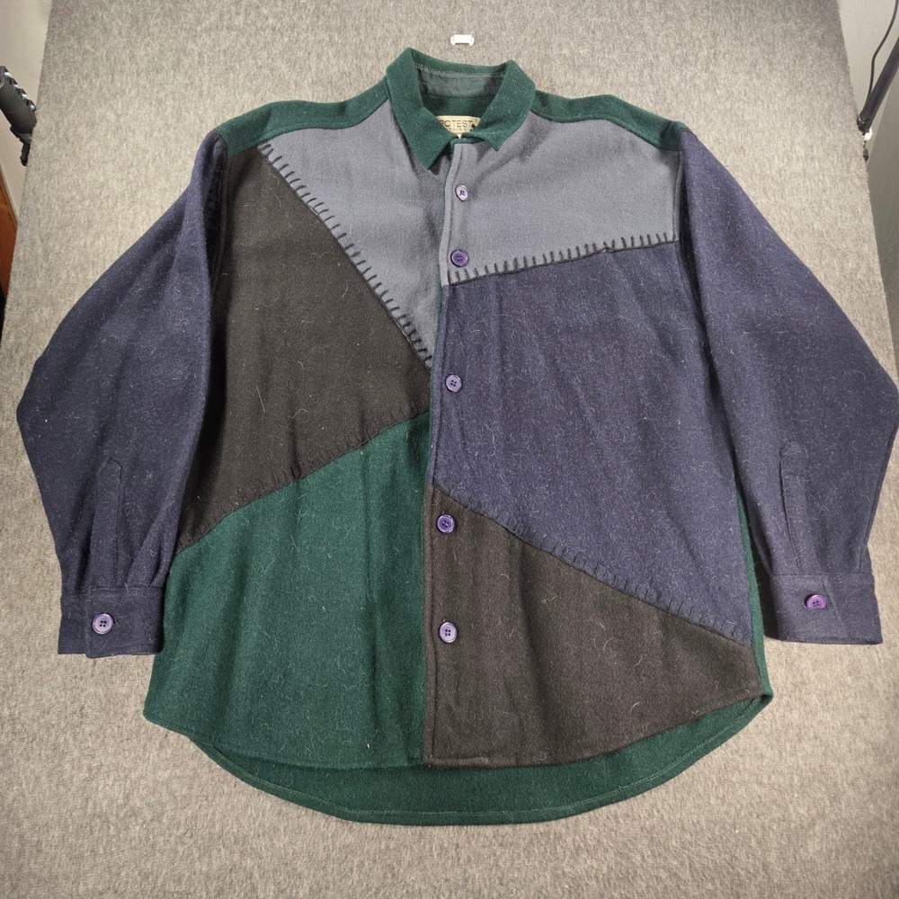 Vintage Protest Wool Blend Shirt Mens Medium Multicolor Patchwork Blanket Stitch